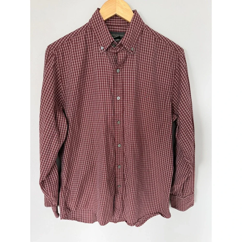 Banana Republic Mens‎ Medium Burgundy Plaid Cotton Button Down Shirt Long Sleeve
